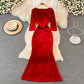 Robe longue en velours à col en V élégante Fahsion Dress 10938