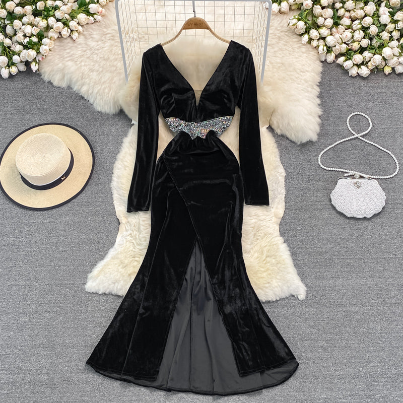 Sexy V Neck Velvet Beads Dress Fashion Dress  10927