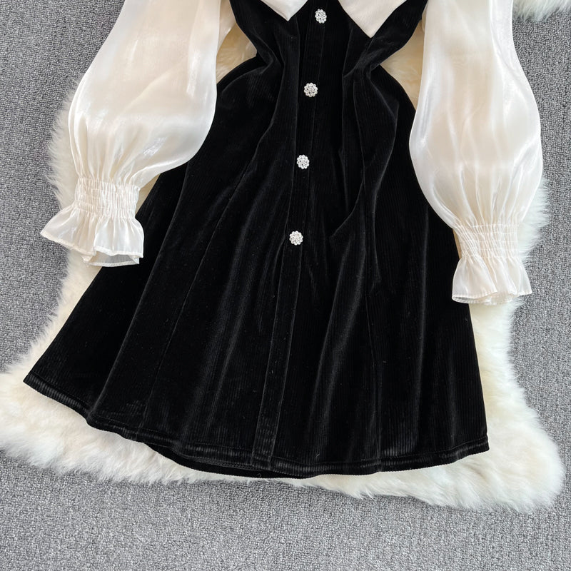 Süßes Langarmkleid mit V-Ausschnitt und Schleife Schwarzes Modekleid 10883