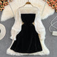 Süßes Langarmkleid mit V-Ausschnitt und Schleife Schwarzes Modekleid 10883
