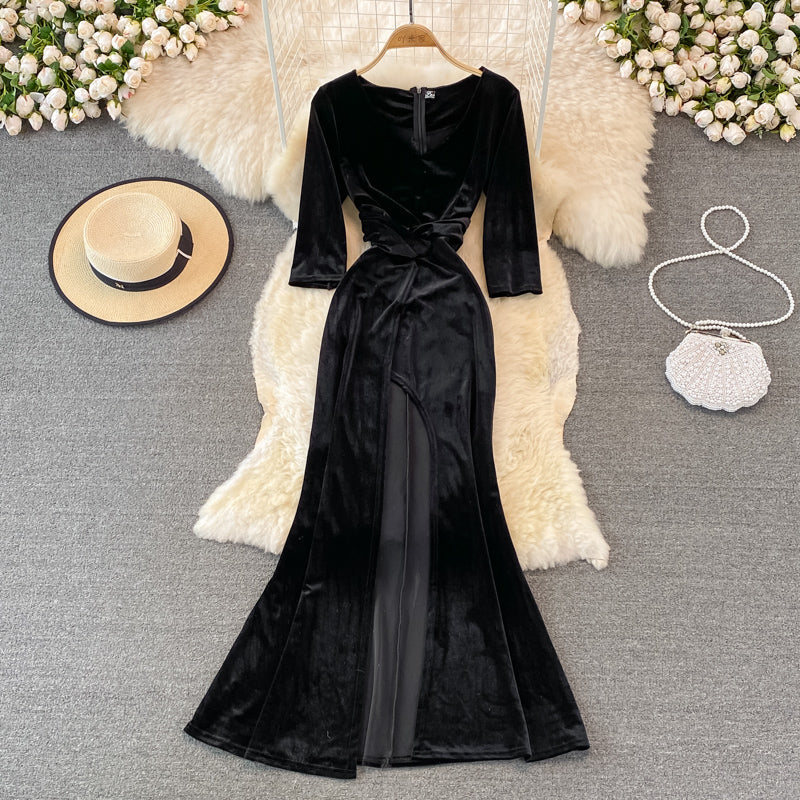Robe longue en velours à col en V élégante Fahsion Dress 10938