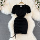 Spice Girl round neck chest hollowed out elastic tight drawstring short Hip Wrap Dress  10970