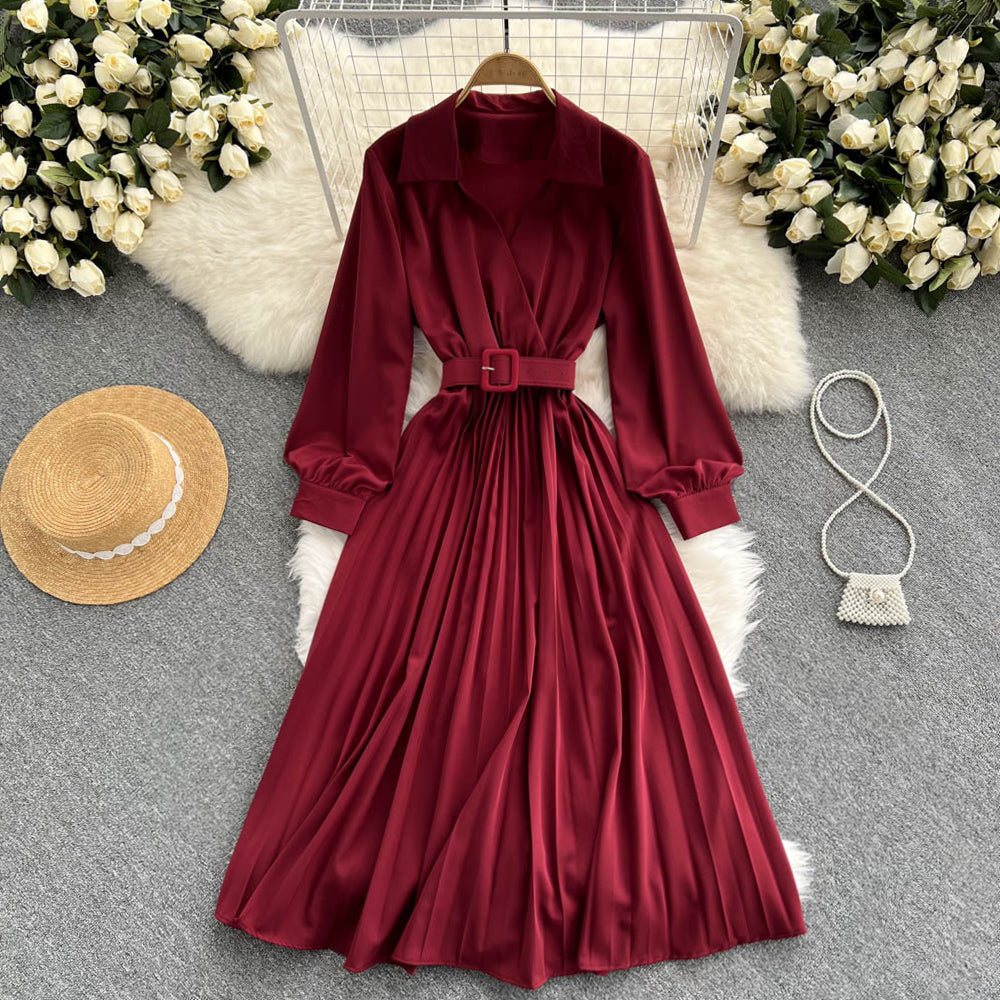 Einfaches Langarmkleid mit V-Ausschnitt A-Linie Modekleid 10946