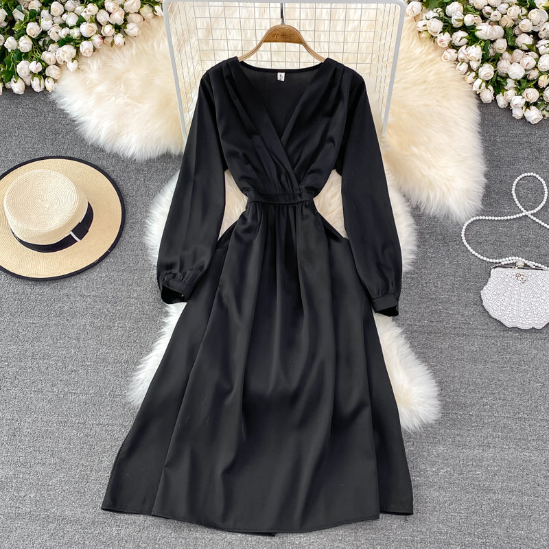 Simple V Neck Long Sleeve Dress Fashion Dress  10874