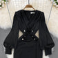 Robe noire à manches longues et col en V 10843 