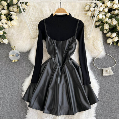 Pull tricoté à la mode + robe trapèze en cuir PU Robe tendance 10885