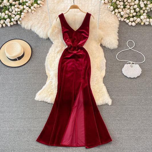 Sexy V Neck Velvet Long Dress Fashion Dress  10782