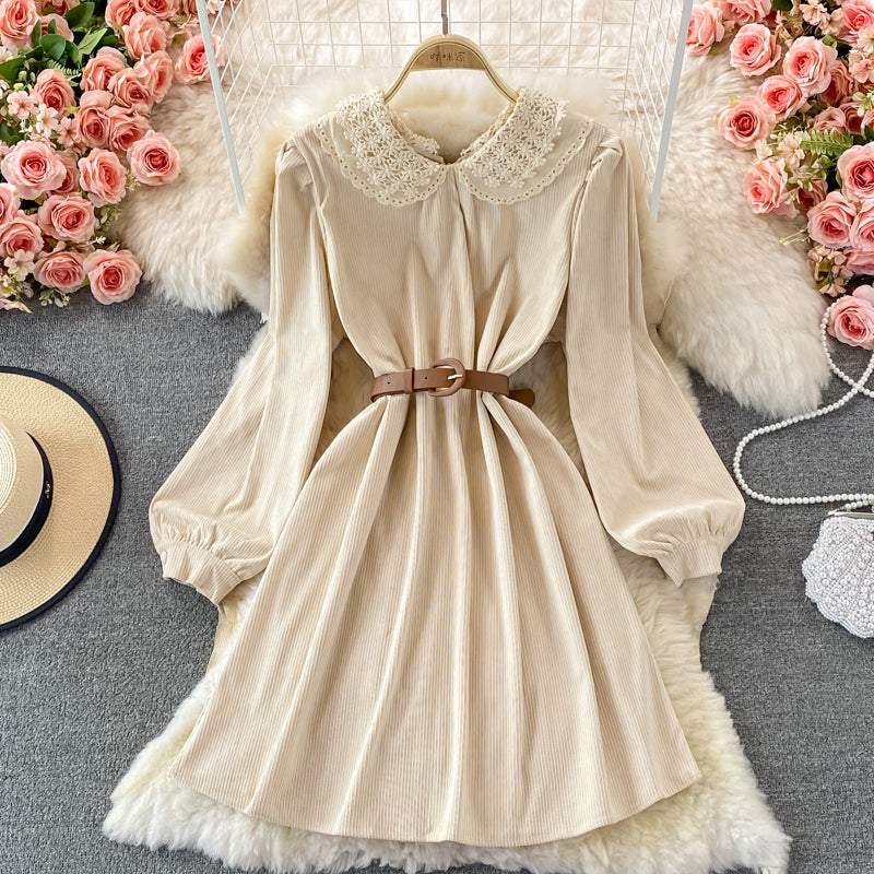 Süßes langärmliges Spitzenkleid A-Linie Modekleid 10841