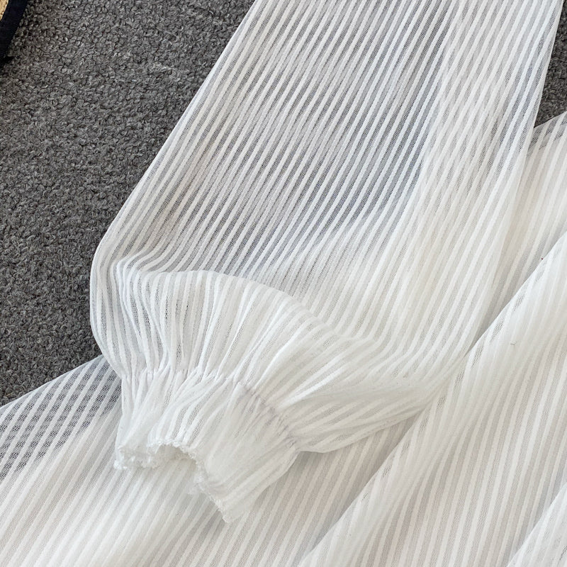 White V Neck Short Dress A Line Long Sleeve Dress  10819