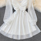 White V Neck Short Dress A Line Long Sleeve Dress  10819
