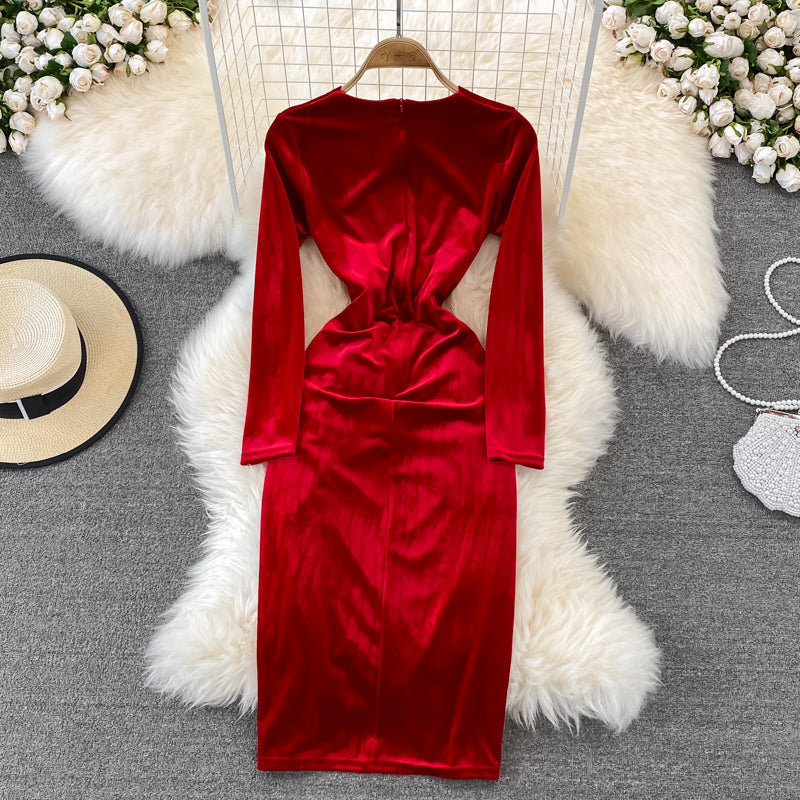 Simple V Neck Velvet Long Sleeve Dress Fashion Dress  10827