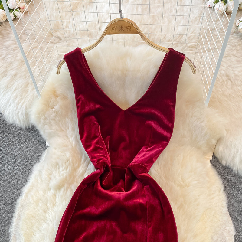 Sexy V-Ausschnitt Samt Langes Kleid Modekleid 10782 