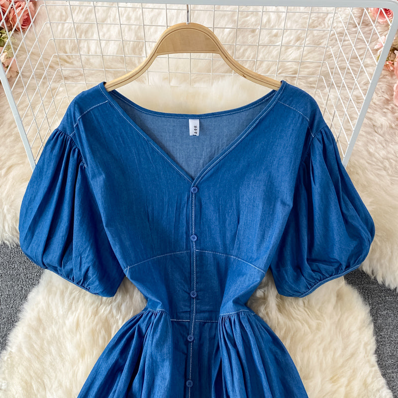 Robe en jean simple à décolleté en V Robe trapèze tendance 10836