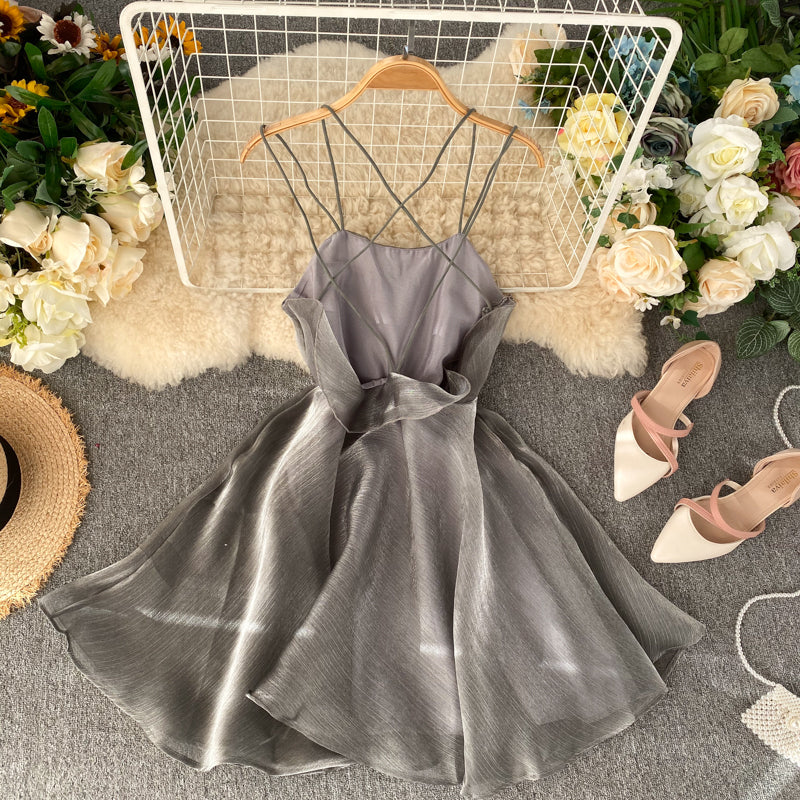 Gray Tulle Short Dress A Line Backless Dress  10817