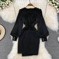 Robe noire à manches longues et col en V 10843 