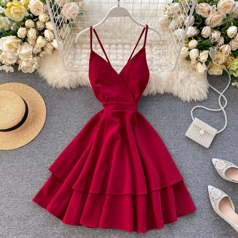 Robe courte mignonne à col en V Robe trapèze tendance 10876