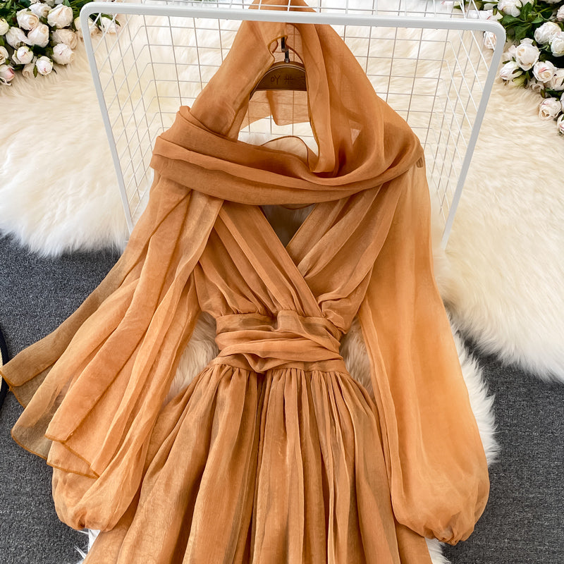 Süßes weiches Chiffonkleid mit V-Ausschnitt, modisches Mädchenkleid und Schal 10791