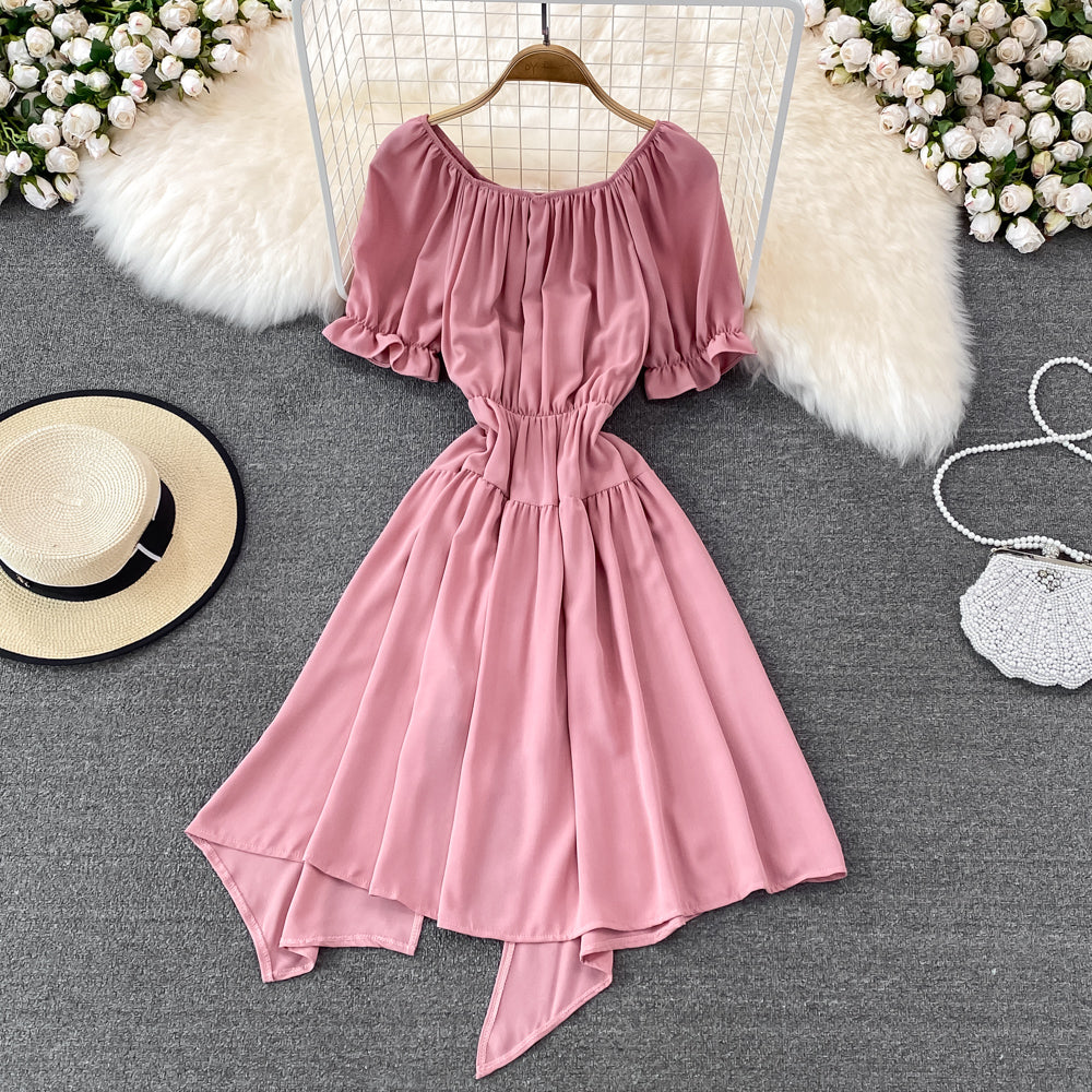 Simple Lace-Up Dress With Irregular Dress  10738