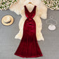 Sexy V-Ausschnitt Samt Langes Kleid Modekleid 10782 