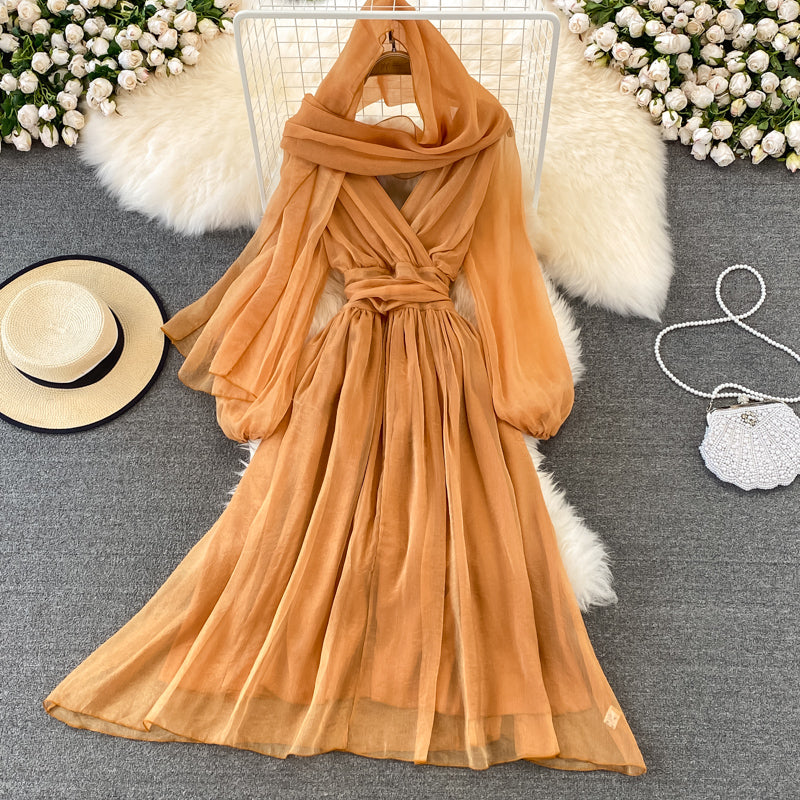 Süßes weiches Chiffonkleid mit V-Ausschnitt, modisches Mädchenkleid und Schal 10791