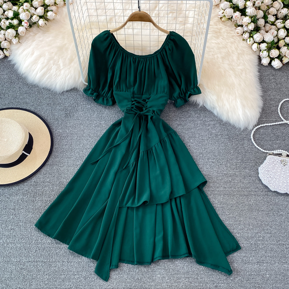Simple Lace-Up Dress With Irregular Dress  10738