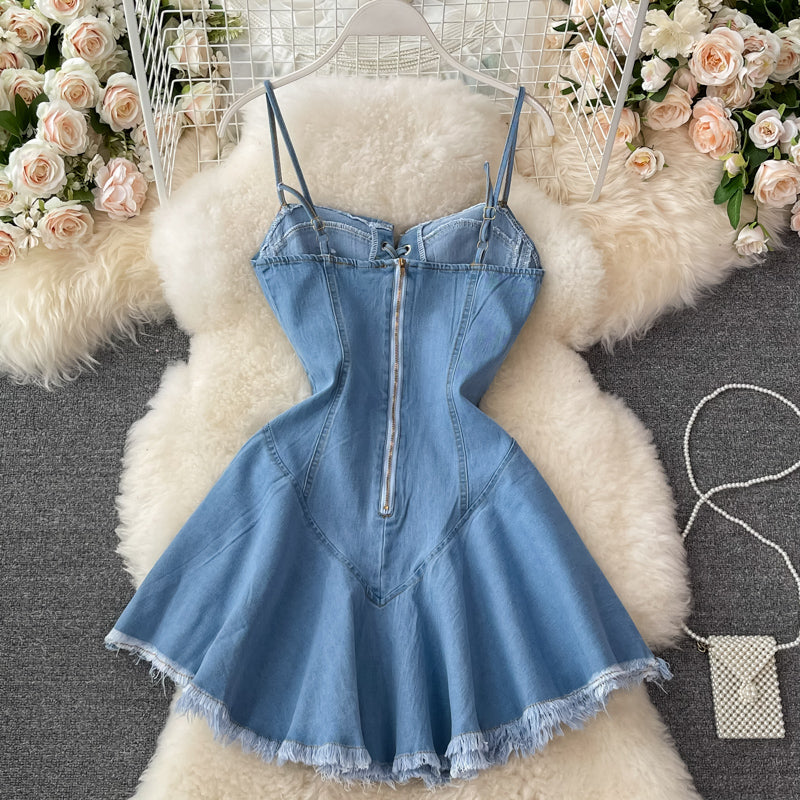 Süßes Schnür-Denimkleid A-Linie Modekleid 10733