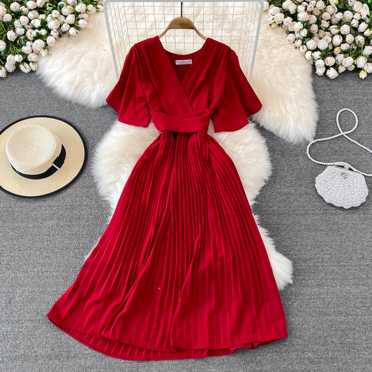 Robe courte simple à col en V Robe trapèze tendance 10728