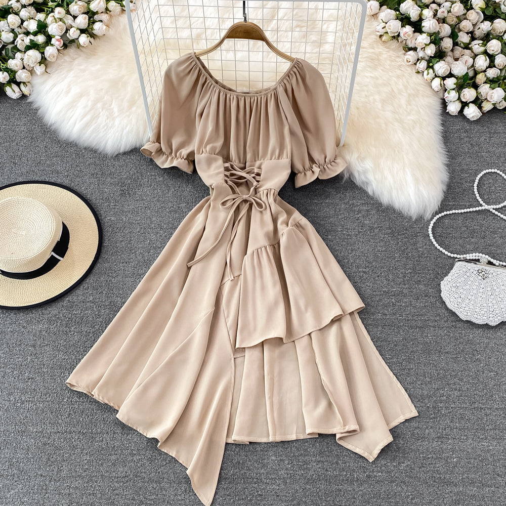 Simple Lace-Up Dress With Irregular Dress  10738