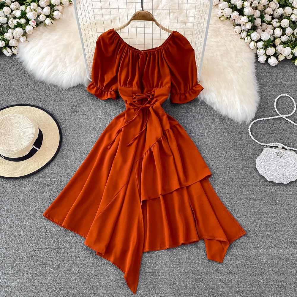Simple Lace-Up Dress With Irregular Dress  10738