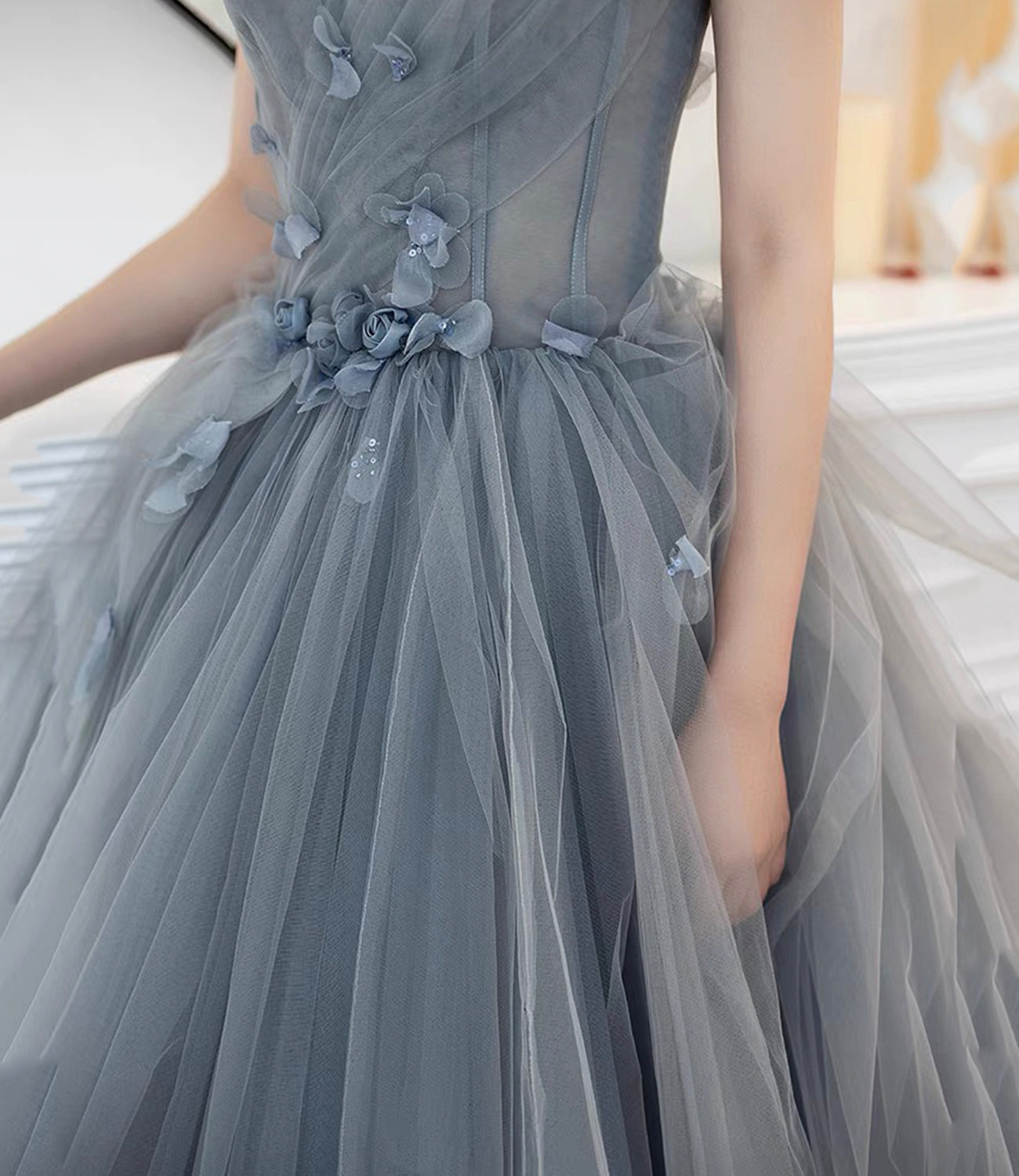 Gray tulle applique long prom dress A line evening gown  10485