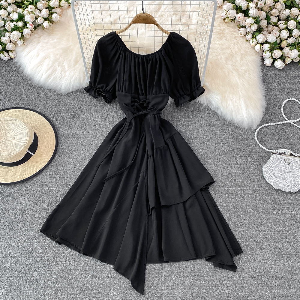 Simple Lace-Up Dress With Irregular Dress  10738