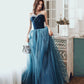 Blue velvet tulle long prom dress A line evening dress  10499