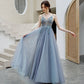Gray tulle beads long prom dress A line evening dress  10579