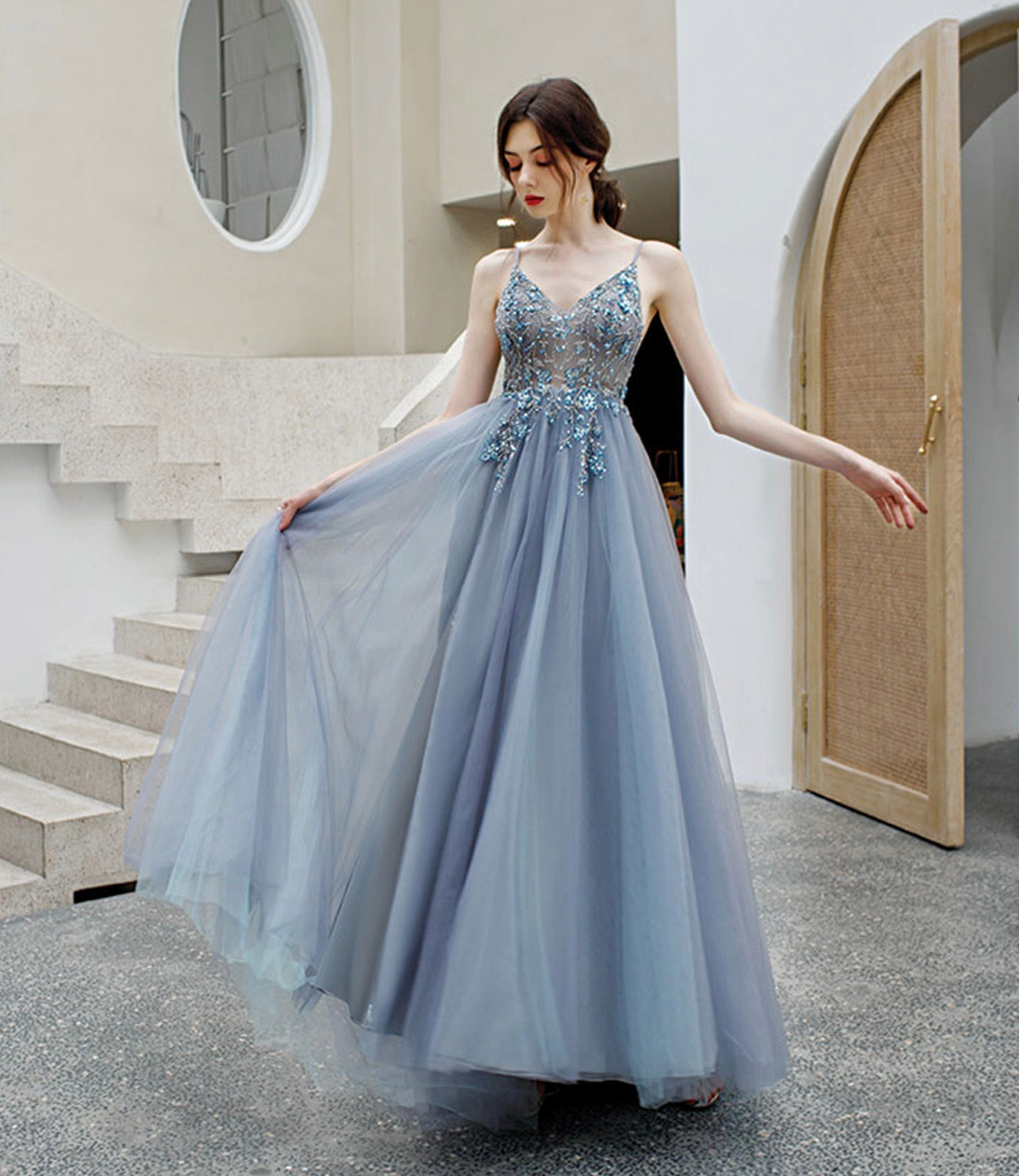 Gray tulle beads long prom dress A line evening dress  10579