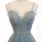 Blue tulle beads long prom dress A line evening dress  10501