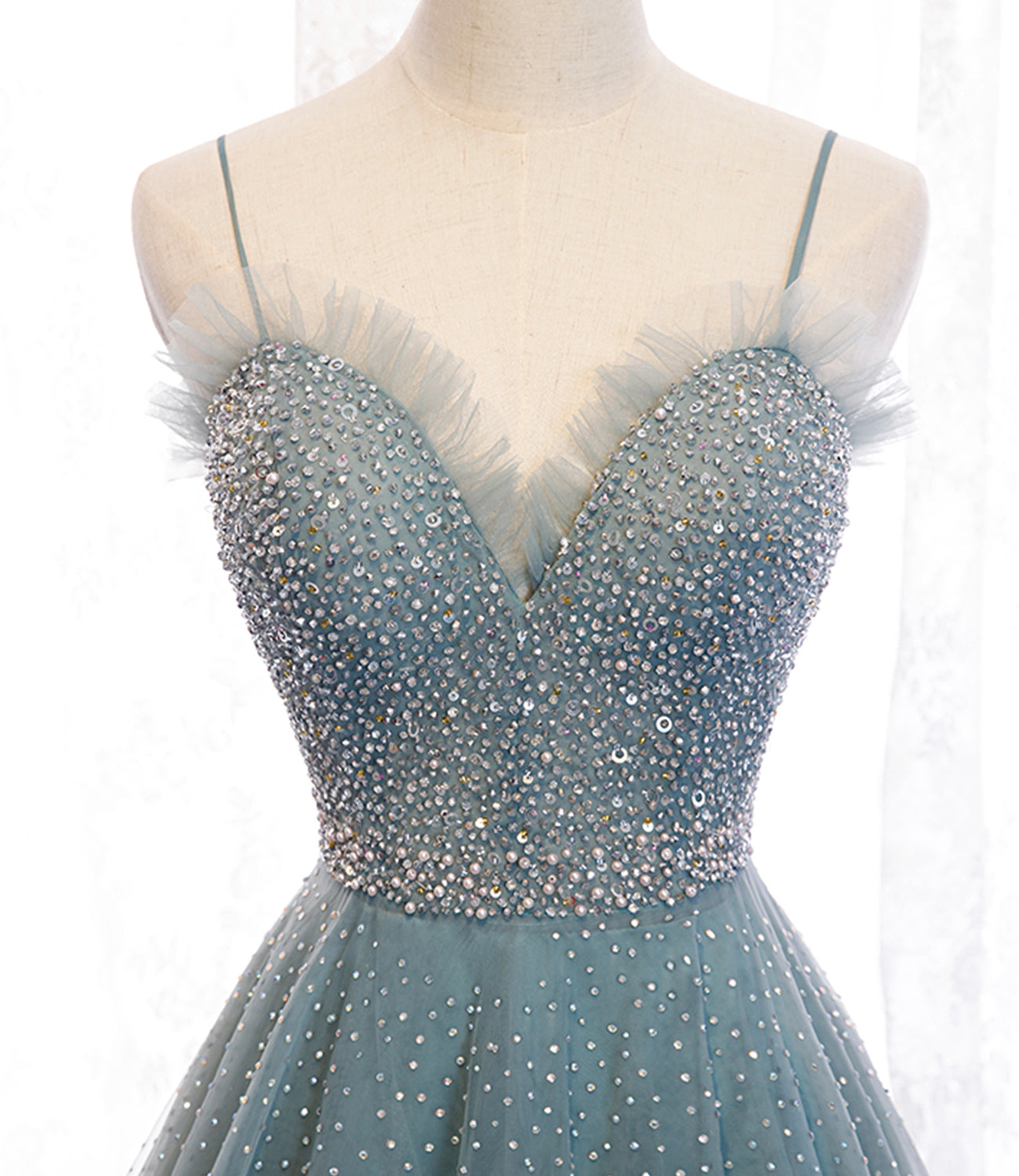 Blue tulle beads long prom dress A line evening dress  10501