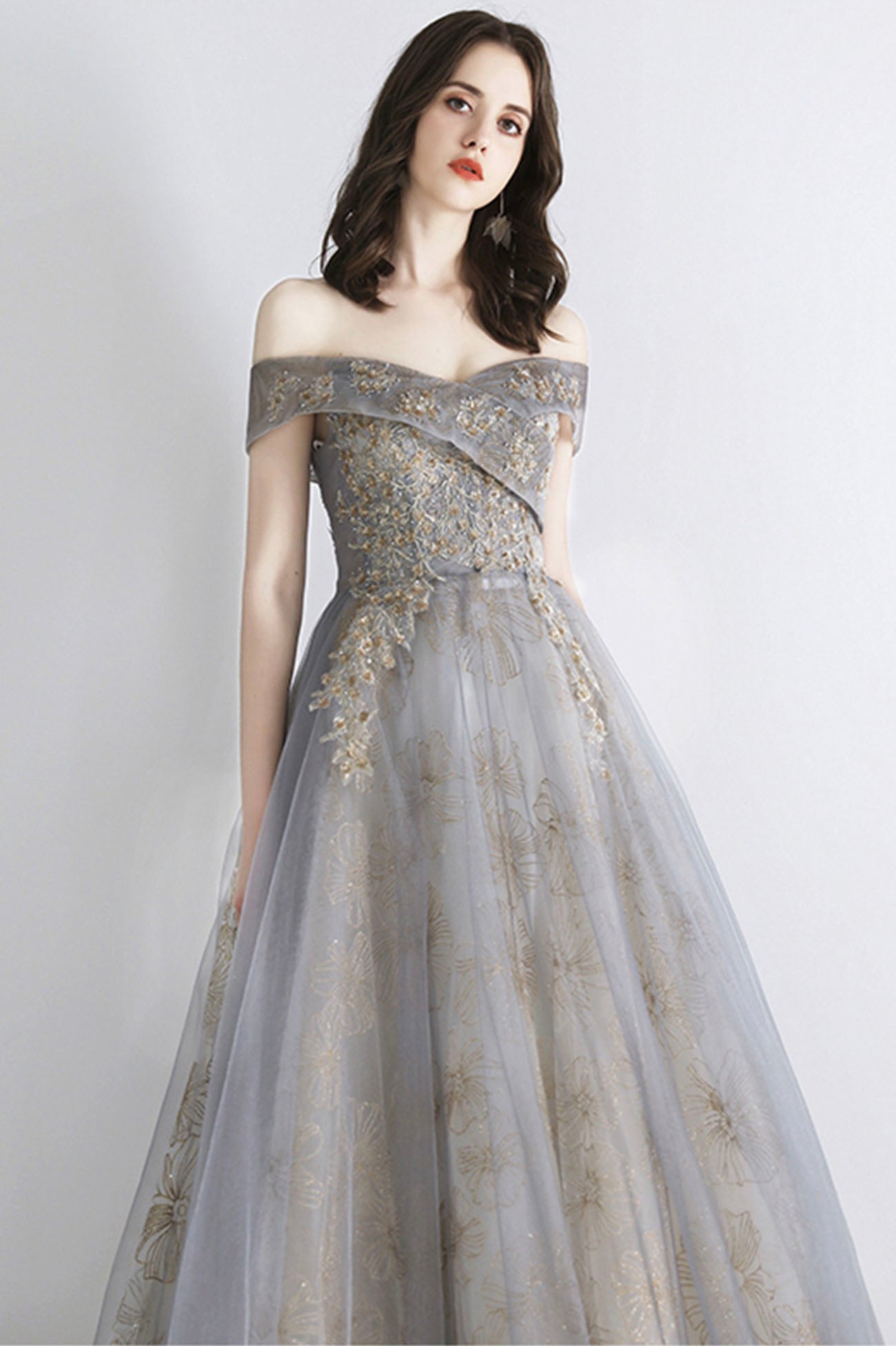 Graues Tüll Pailletten langes Ballkleid Abendkleid 10639