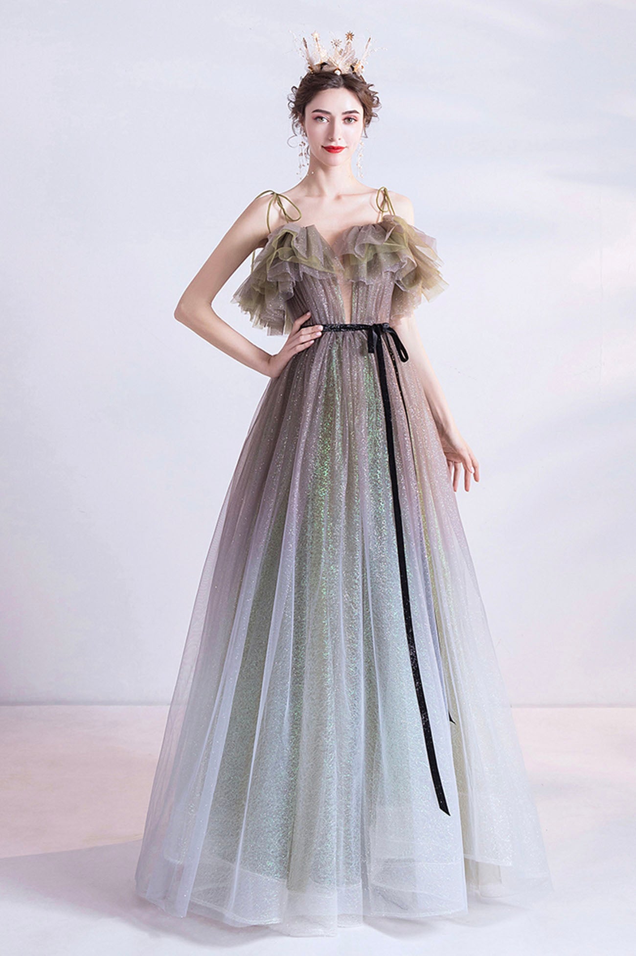 Graugrünes Tüll Pailletten langes Ballkleid Abendkleid 10616
