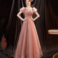 Pink tulle sequins long prom dress pink evening dress  10650