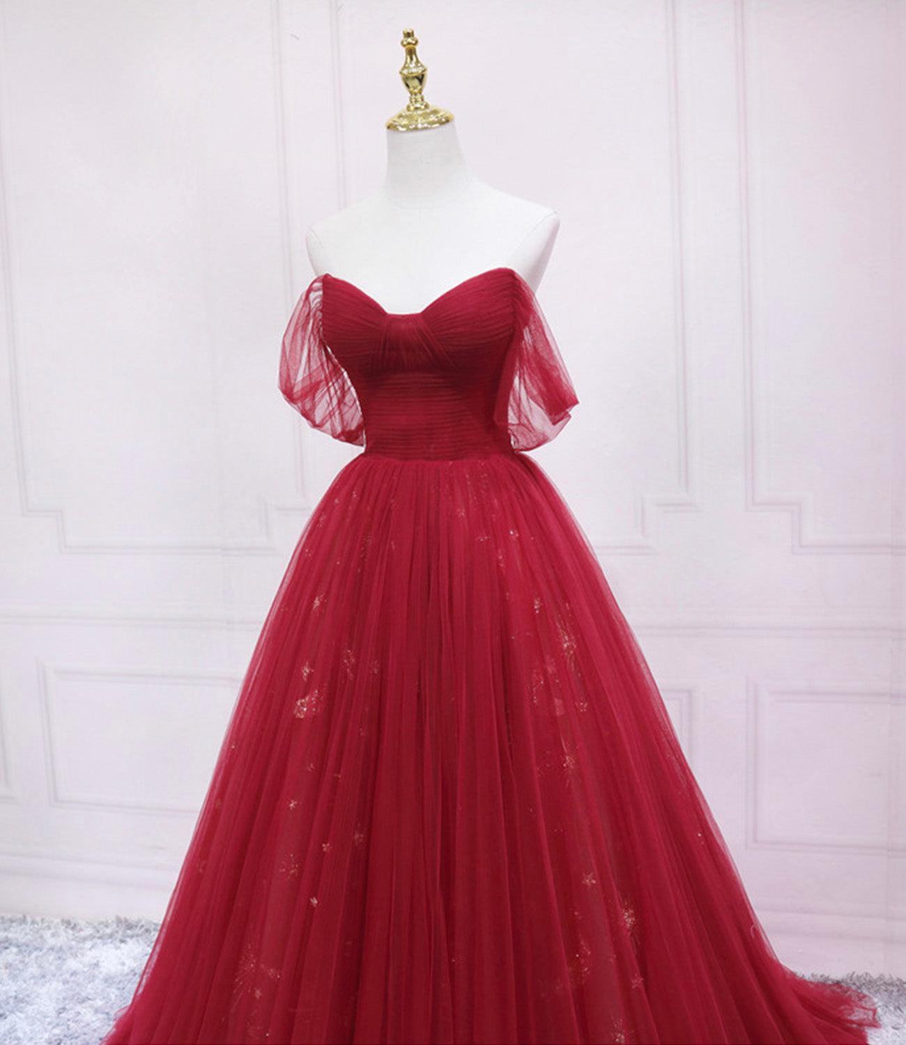 Langes Ballkleid aus rotem Tüll mit Pailletten A-Linie Abendkleid 10569