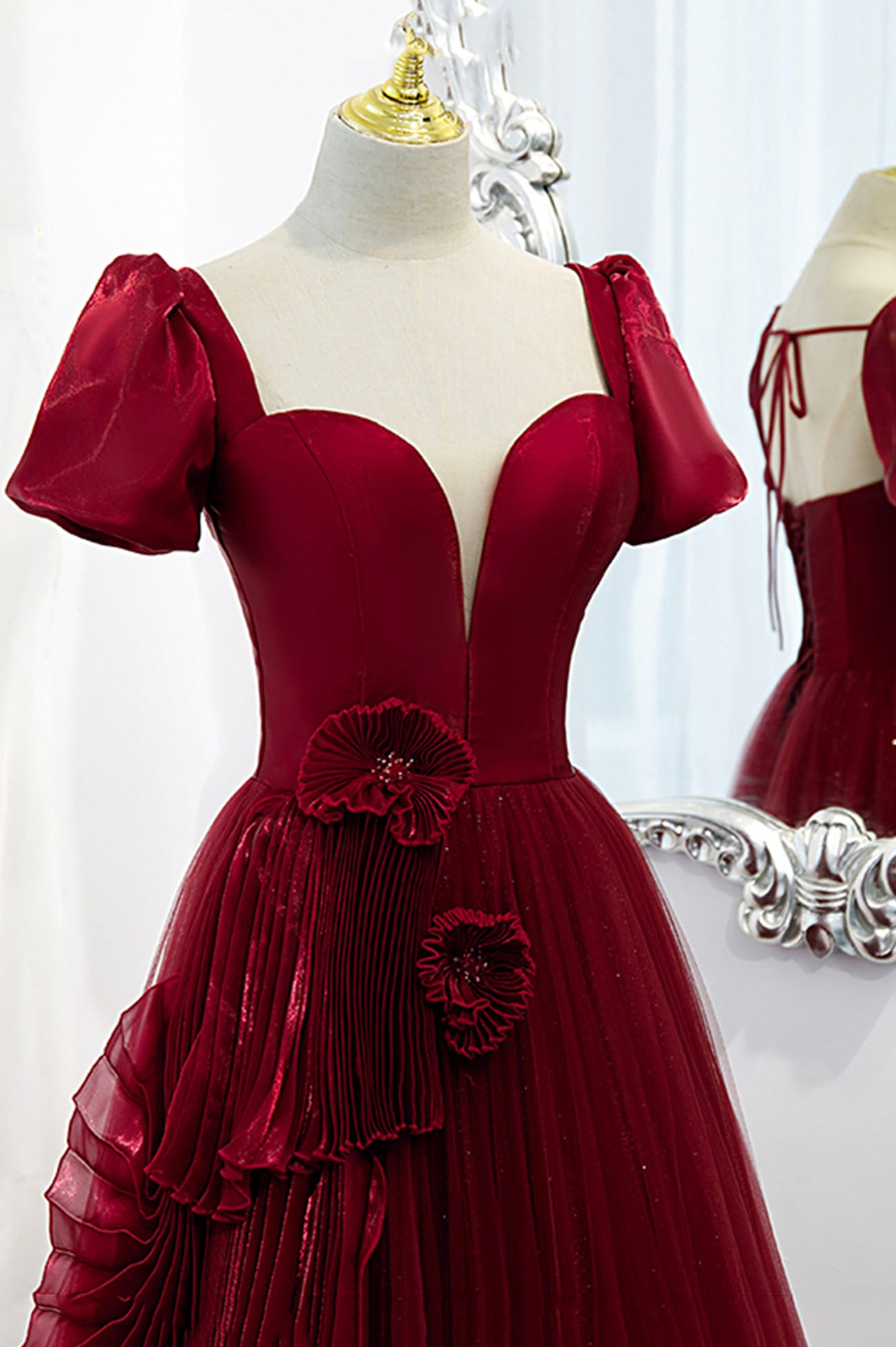 Burgund Satin Tüll langes Ballkleid Abendkleid 10598