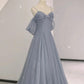 Gray tulle sequins long prom dress gray evening dress  10633