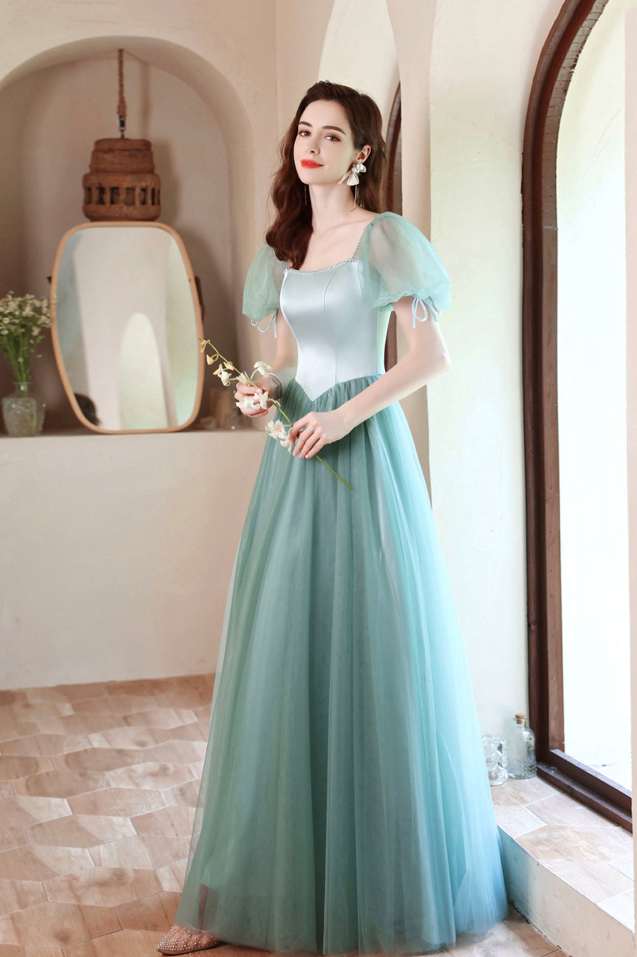 Green satin tulle long prom dress green evening dress  10618