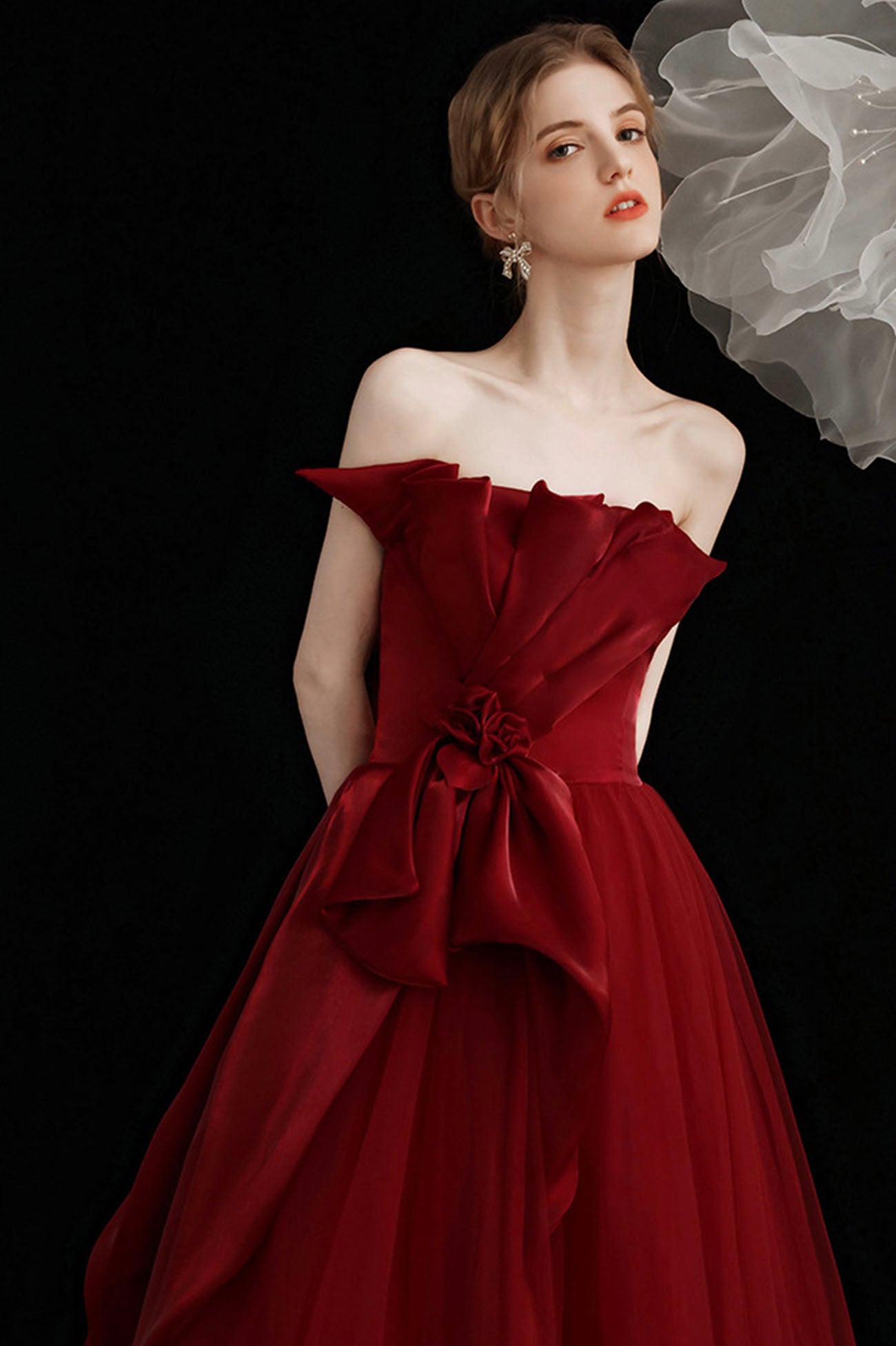 Burgund Tüll langes Ballkleid A-Linie Abendkleid 10603