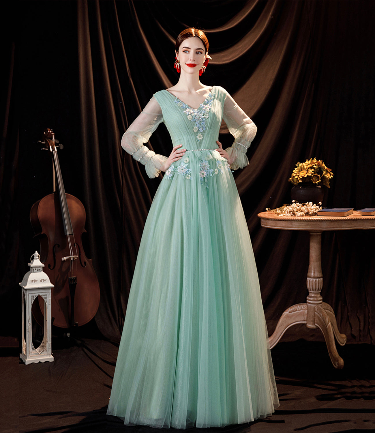Grünes langes Ballkleid aus Tüll Spitze grünes Abendkleid 10535