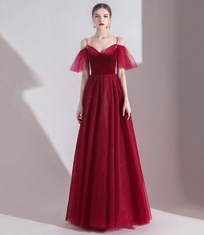 Bugundy Samt Tüll langes Ballkleid A-Linie Abendkleid 10553