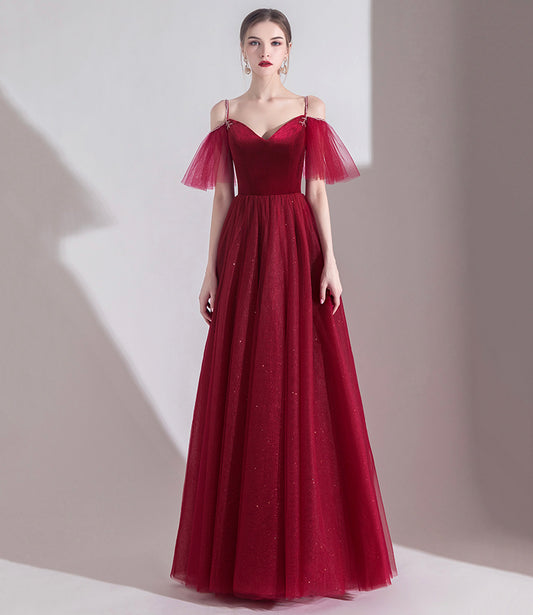 Bugundy Samt Tüll langes Ballkleid A-Linie Abendkleid 10553