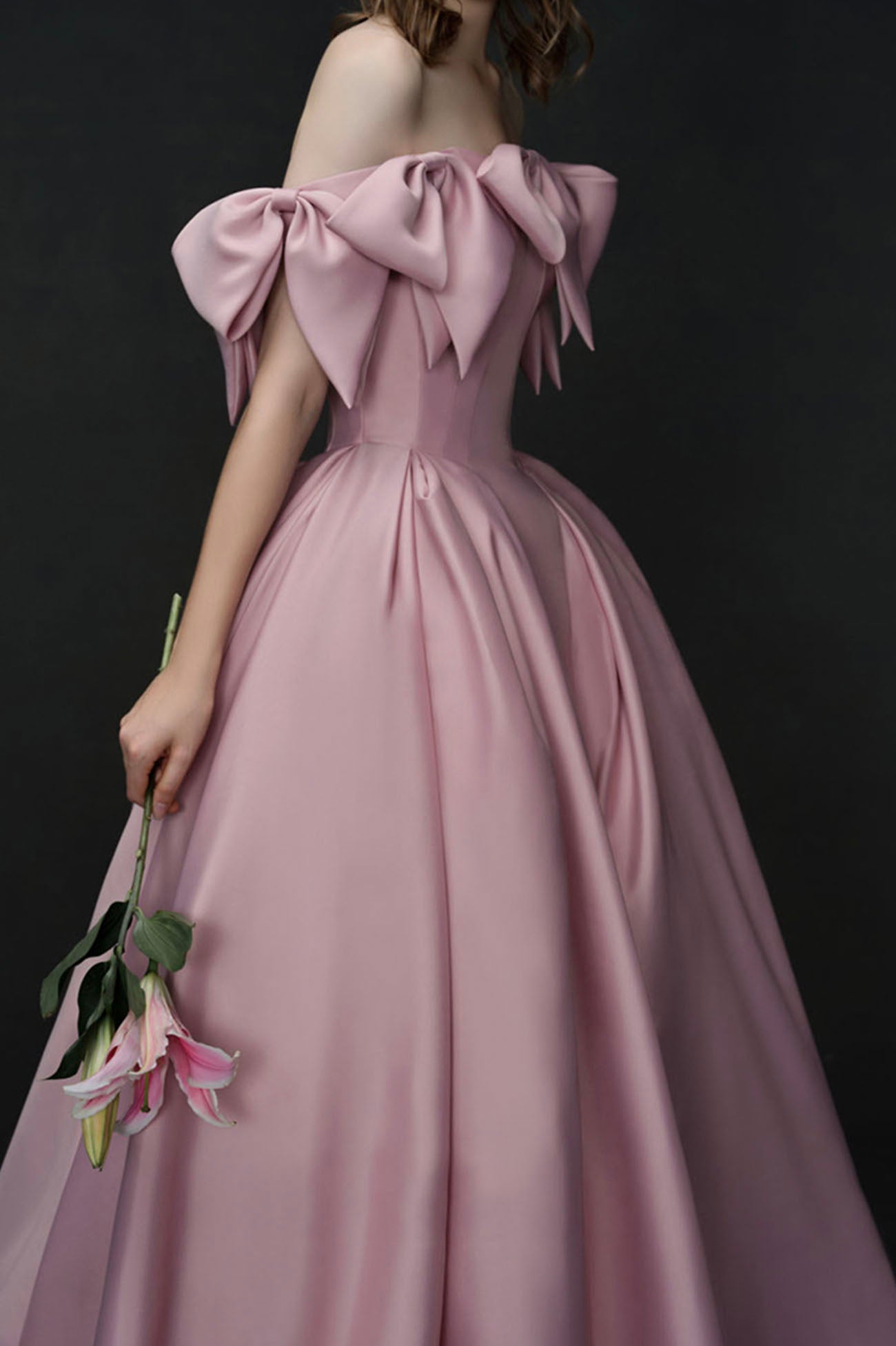 Robe de bal longue en satin rose avec nœud au design unique, robe de princesse 10585