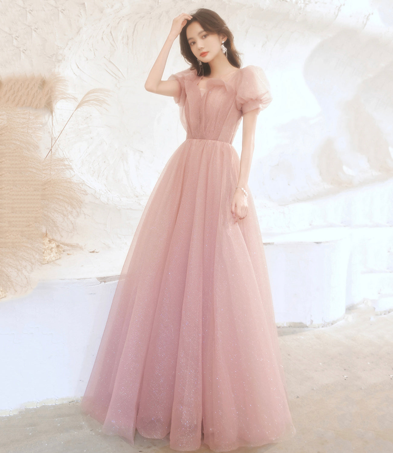Robe de soirée longue en tulle rose mignonne, coupe A, 10524