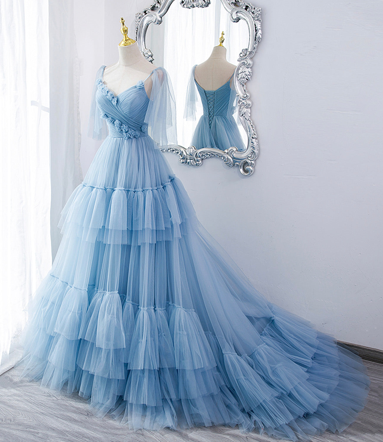 Blaues langes Ballkleid aus Tüll in A-Linie blaues Abendkleid 10551